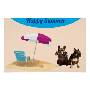 Poster Bouledogue français mer Vacances French Bulldog