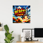 Poster BOUM ! Explosion de fusée d'art pop rétro (Bureau à domicile)