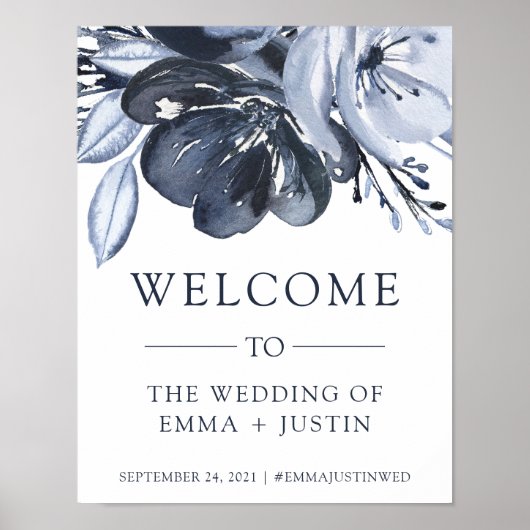 Poster Bouquet bleu | Aquarelle Floral Mariage Bienvenue (Devant)