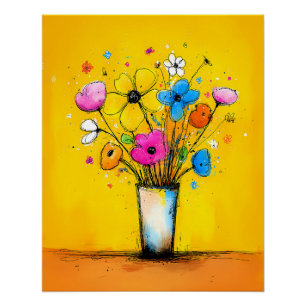 Poster Bouquet coloré dans un vase - Style Pop Art Cartoo