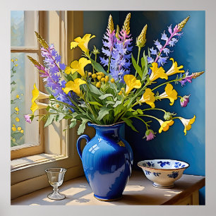 Poster Bouquet d'art bleu jaune violet