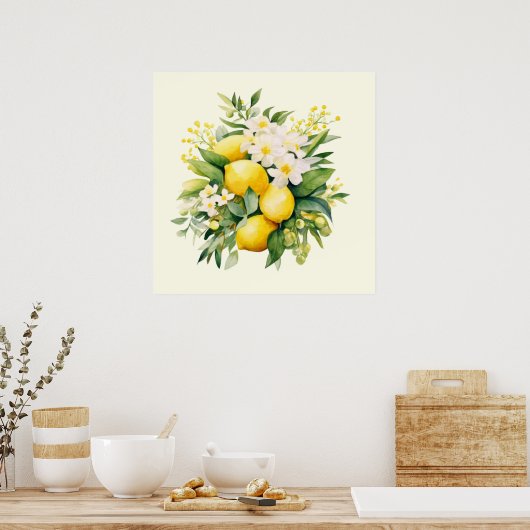 Poster Bouquet de citrons avec fleurs blanches (Cuisine)