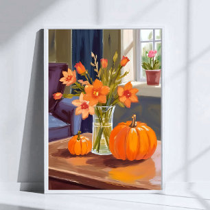 Poster Bouquet de citrouilles d'automne Fleurs orange a