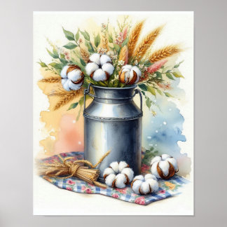 Poster Bouquet de coton dans un bidon de lait 4