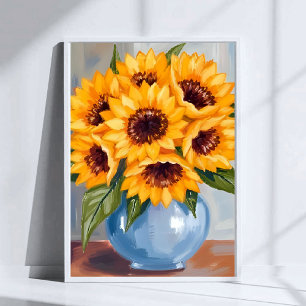 Poster Bouquet de fleurs aquarelle vase tournesol