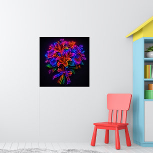 Poster Bouquet de fleurs arc-en-ciel néon vibrant mural