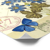 Poster Bouquet de fleurs bleues, d'oiseaux et de papillon (Coin)