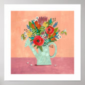 Poster Bouquet de fleurs dans arrosoir rose (Devant)