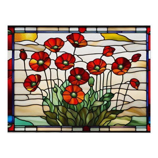 Poster Bouquet de fleurs de pavot rouge en verre (Devant)