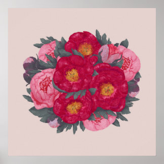 Poster Bouquet de fleurs de pivoines Botanique rouge rose