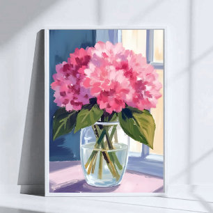 Poster Bouquet de fleurs d'hortensia rose vase aquarelle
