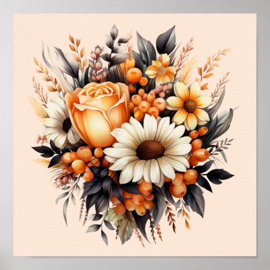 Poster Bouquet de fleurs gris-jaune orange (Devant)