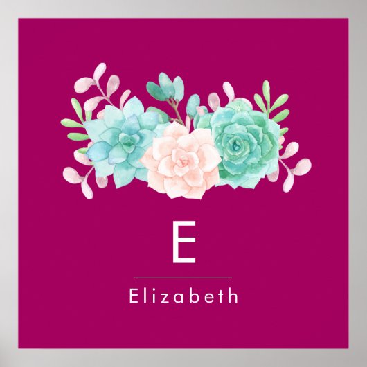 Poster Bouquet de fleurs rose et vert Pastel sur Magenta  (Devant)