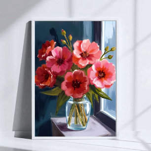 Poster Bouquet de fleurs rouges vase peinture aquarelle