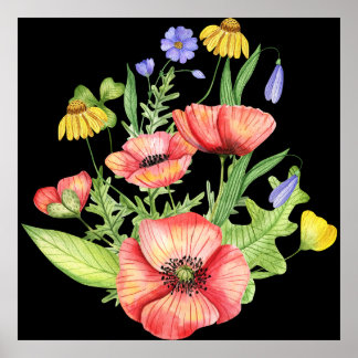 Poster Bouquet de fleurs sauvages botaniques Art aquarell