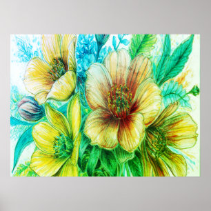Poster Bouquet de fleurs vertes en fleurs sur un mur