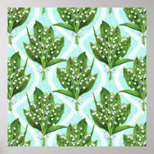 Poster Bouquet de lis de la vallée fleurs sur le bleu