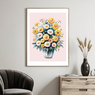 Poster Bouquet de marguerites aquarelle jaune blanc