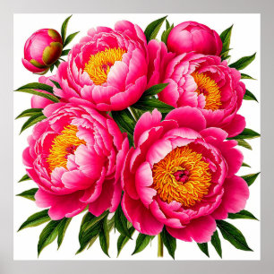 Poster Bouquet de pivoines rose vif avec feuilles vertes