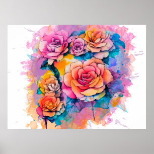 Poster Bouquet de roses à taches de peinture aquarelle mo