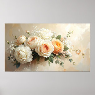 Poster Bouquet de roses élégant pêche et crème : Peinture