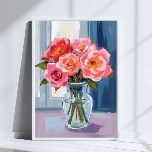 Poster Bouquet de roses roses vase en verre floral romant