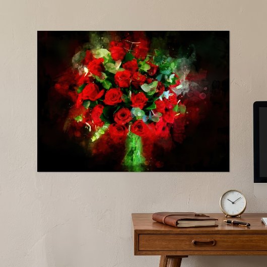 Poster Bouquet de roses rouges aquarelle sur fond noir