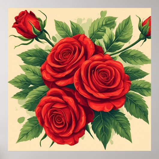 Poster Bouquet de roses rouges vibrant (Devant)