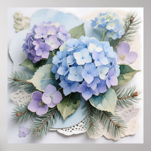 Poster Bouquet d'hortensias bleus Aquarelle Sérénité