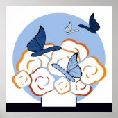 Poster Bouquet et papillons bleu et orange Carré (Devant)