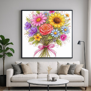 Poster Bouquet floral - Art style gribouillé