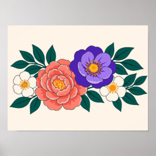 Poster Bouquet floral avec fleurs violettes et corail