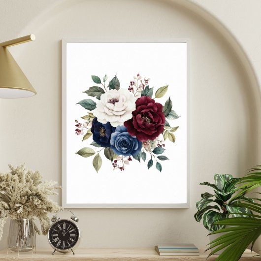 Poster Bouquet floral blanc marron bleu marine de Bourgog