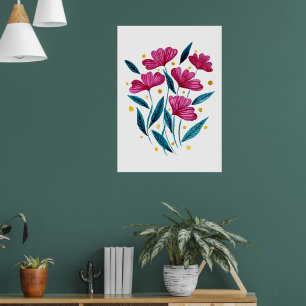 Poster Bouquet floral mignon - magenta et turquoise