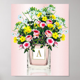Poster Bouquet floral rose Bouteille de parfum Monogramme