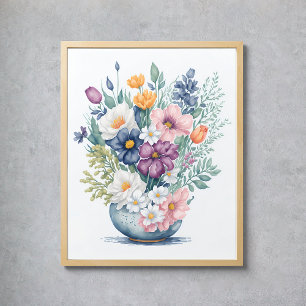 Poster Bouquet floral Vase Pastel Aquarelle Fleurs sauvag