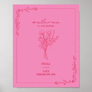 Poster Bouquet Line Art Rose Rouge Mariage Bienvenue