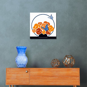 Poster Bouquet orange et papillons bleus Carré