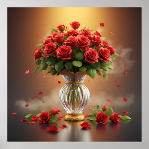 Poster Bouquet somptueux de roses rouges dans un vase en 