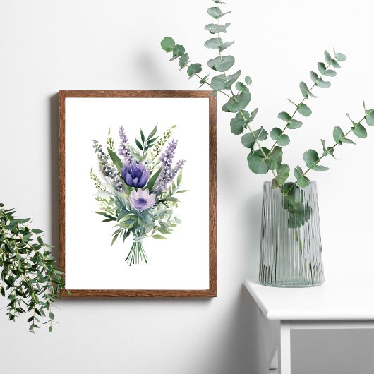 Poster Bouquet vert d'Eucalyptus à fleurs violettes de la