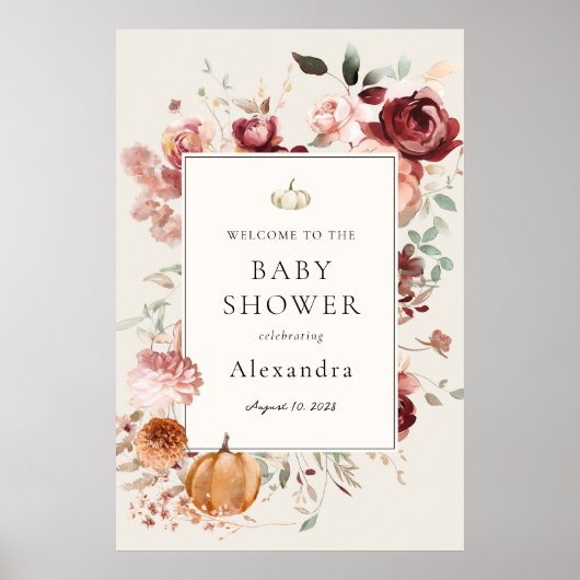 Poster Bourgogne Autumn Florals Baby shower Bienvenue (Devant)
