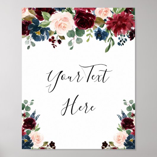 Poster Bourgogne Bleu Nuit Blush Floral Aquarelle (Devant)