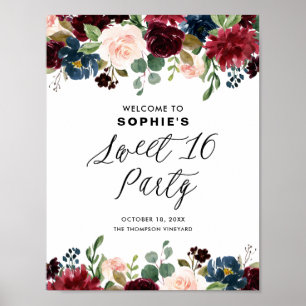 Poster Bourgogne et Bleu Guirlande Florale Sweet Sixteen