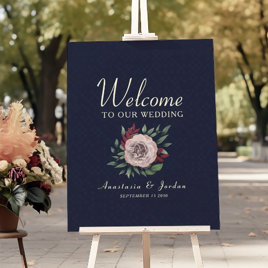 Poster Bourgogne et Mariage Floral bleu marine Bienvenue