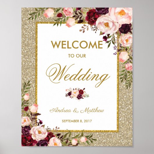 Poster Bourgogne Floral Parties scintillant Mariage Accue (Devant)