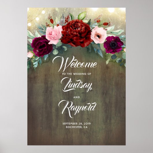 Poster Bourgogne Floral Rustique Mariage campagnard Bienv (Devant)