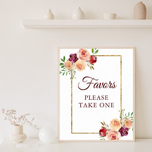 Poster Bourgogne Gold Floral Chic Mariage d'automne Faveu