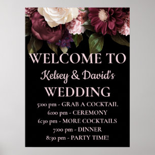 Poster Bourgogne & Mariage rose Floral Détails Bienvenue