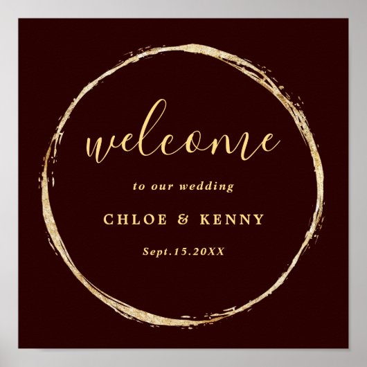 Poster Bourgogne & or Rustic Gold Circle Mariage Bienvenu (Devant)