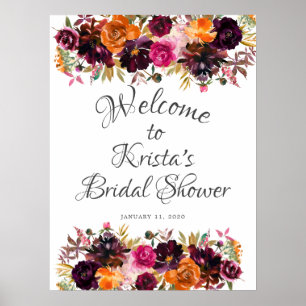 Poster Bourgogne & Orange Floral Bienvenue Enterrement de